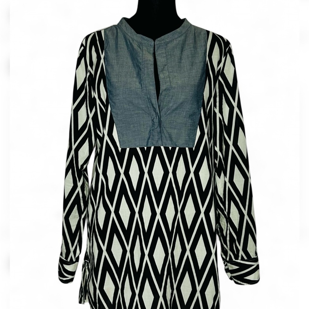 J CREW Black and White Diamond Pattern Tunic Top S, Long Sleeve Lightweight